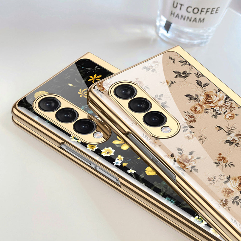 Flower Pattern Printing Electroplating Tempered Glass + PC Folding Phone Case Cover for Samsung Galaxy Z Fold3 5G