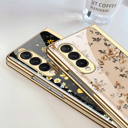 Flower Pattern Printing Electroplating Tempered Glass + PC Folding Phone Case Cover for Samsung Galaxy Z Fold3 5G