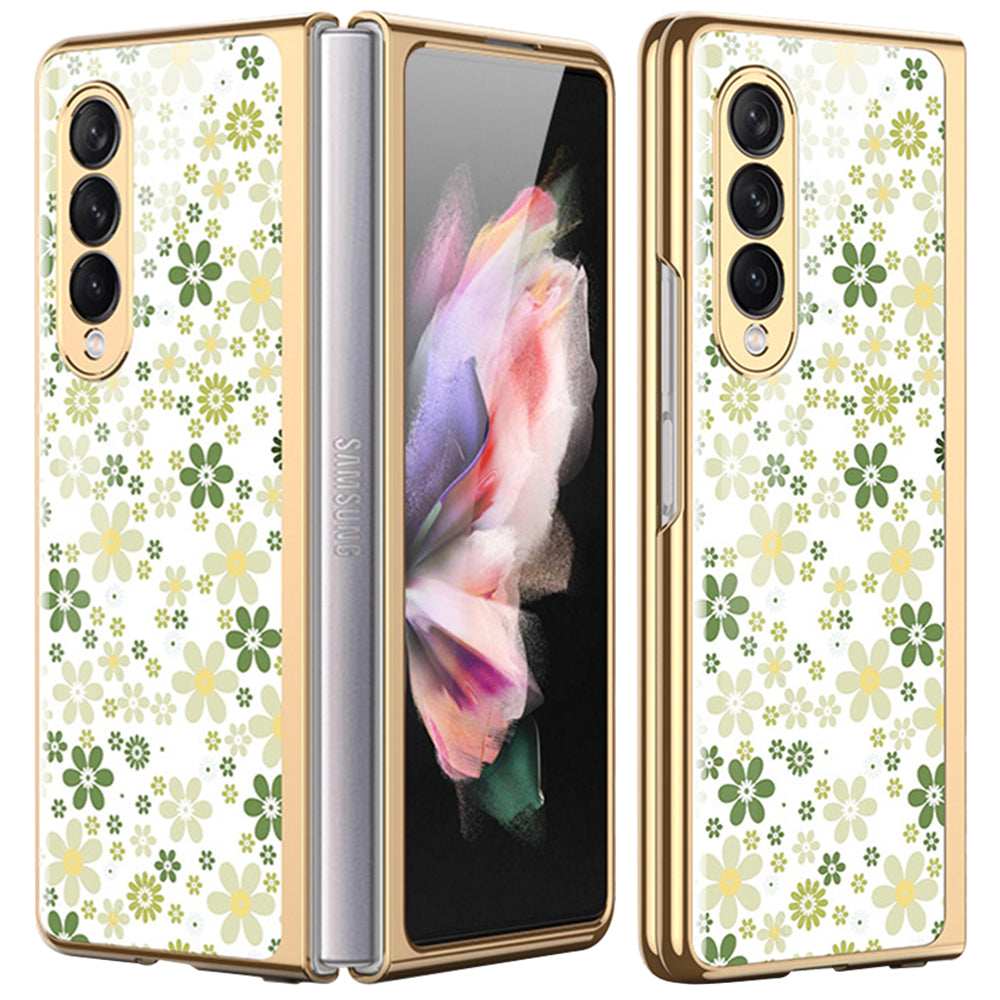 Flower Pattern Printing Electroplating Tempered Glass + PC Folding Phone Case Cover for Samsung Galaxy Z Fold3 5G