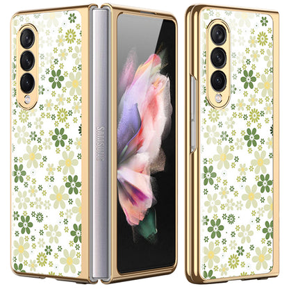Flower Pattern Printing Electroplating Tempered Glass + PC Folding Phone Case Cover for Samsung Galaxy Z Fold3 5G