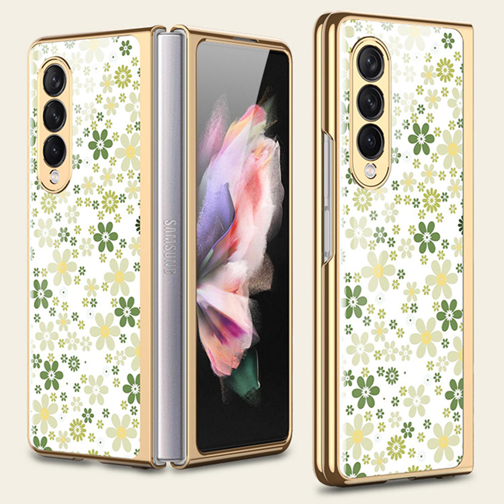 Flower Pattern Printing Electroplating Tempered Glass + PC Folding Phone Case Cover for Samsung Galaxy Z Fold3 5G