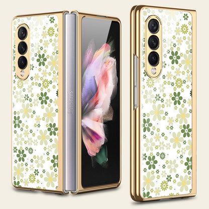 Flower Pattern Printing Electroplating Tempered Glass + PC Folding Phone Case Cover for Samsung Galaxy Z Fold3 5G