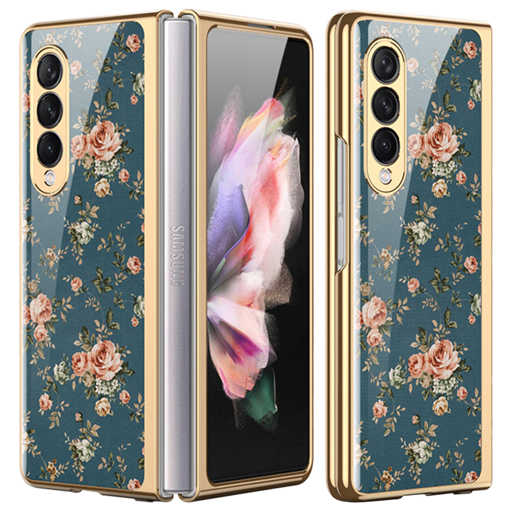 Flower Pattern Printing Electroplating Tempered Glass + PC Folding Phone Case Cover for Samsung Galaxy Z Fold3 5G