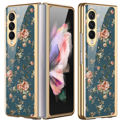 Flower Pattern Printing Electroplating Tempered Glass + PC Folding Phone Case Cover for Samsung Galaxy Z Fold3 5G