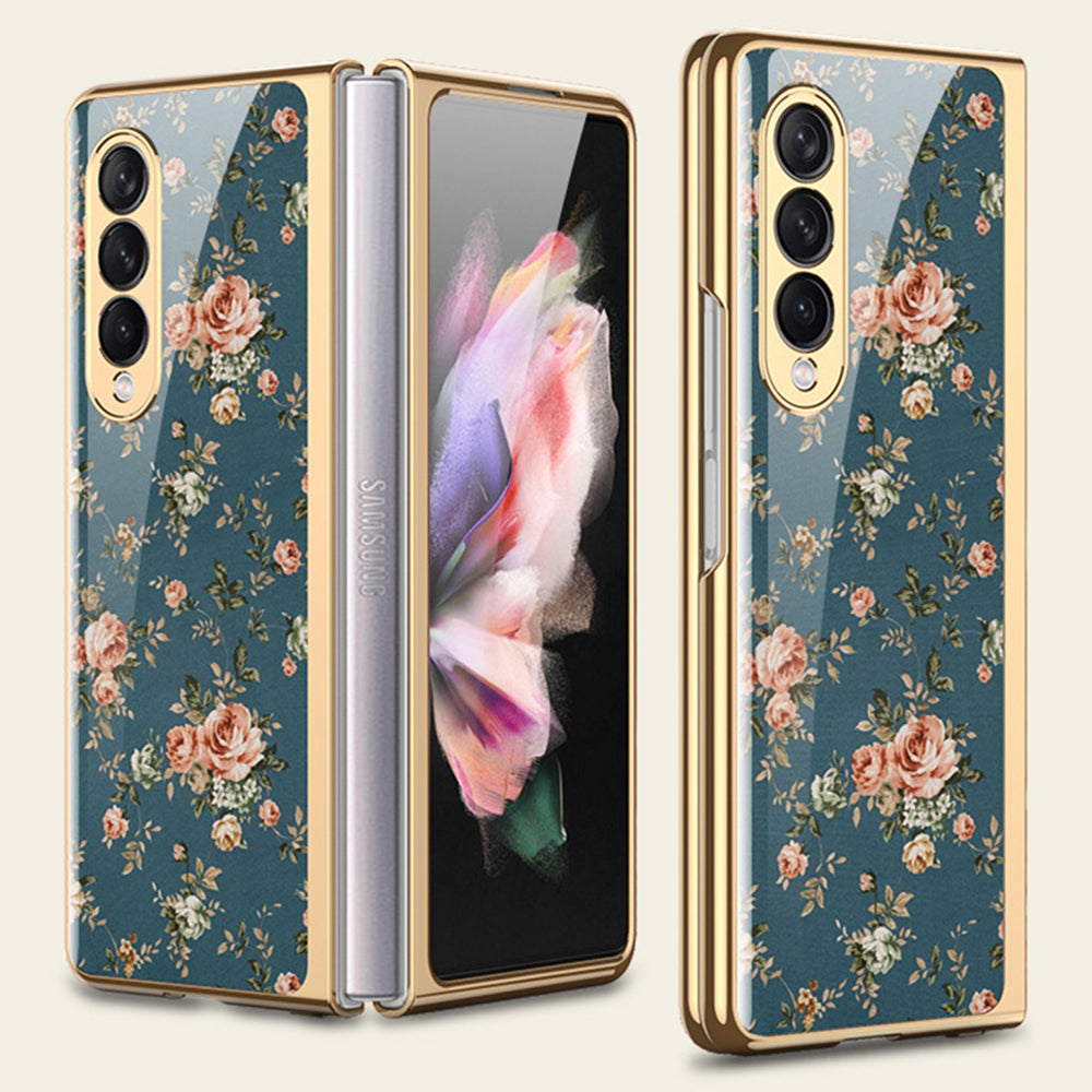 Flower Pattern Printing Electroplating Tempered Glass + PC Folding Phone Case Cover for Samsung Galaxy Z Fold3 5G