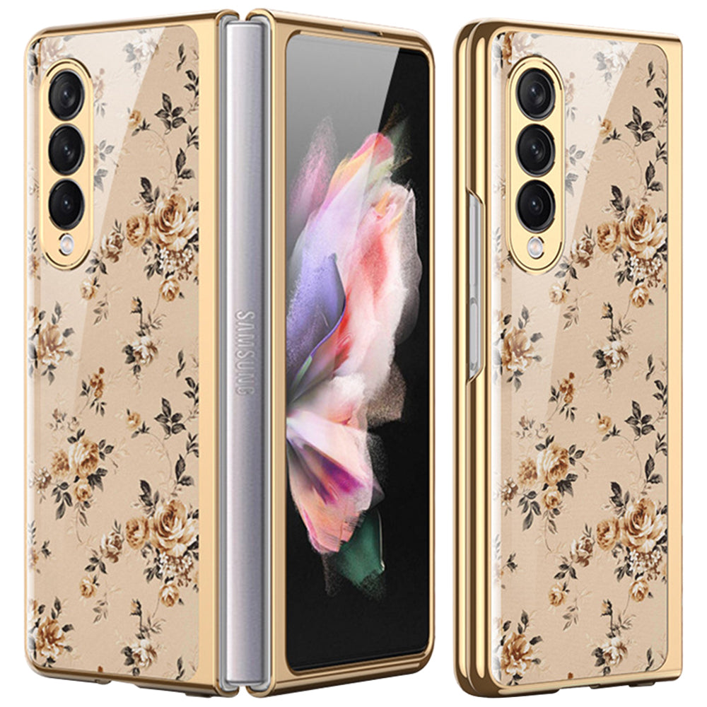 Flower Pattern Printing Electroplating Tempered Glass + PC Folding Phone Case Cover for Samsung Galaxy Z Fold3 5G