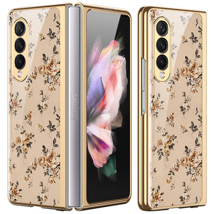 Flower Pattern Printing Electroplating Tempered Glass + PC Folding Phone Case Cover for Samsung Galaxy Z Fold3 5G