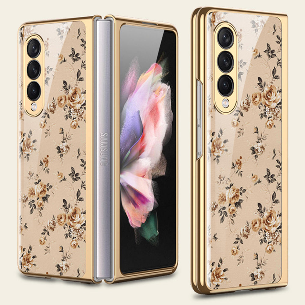 Flower Pattern Printing Electroplating Tempered Glass + PC Folding Phone Case Cover for Samsung Galaxy Z Fold3 5G