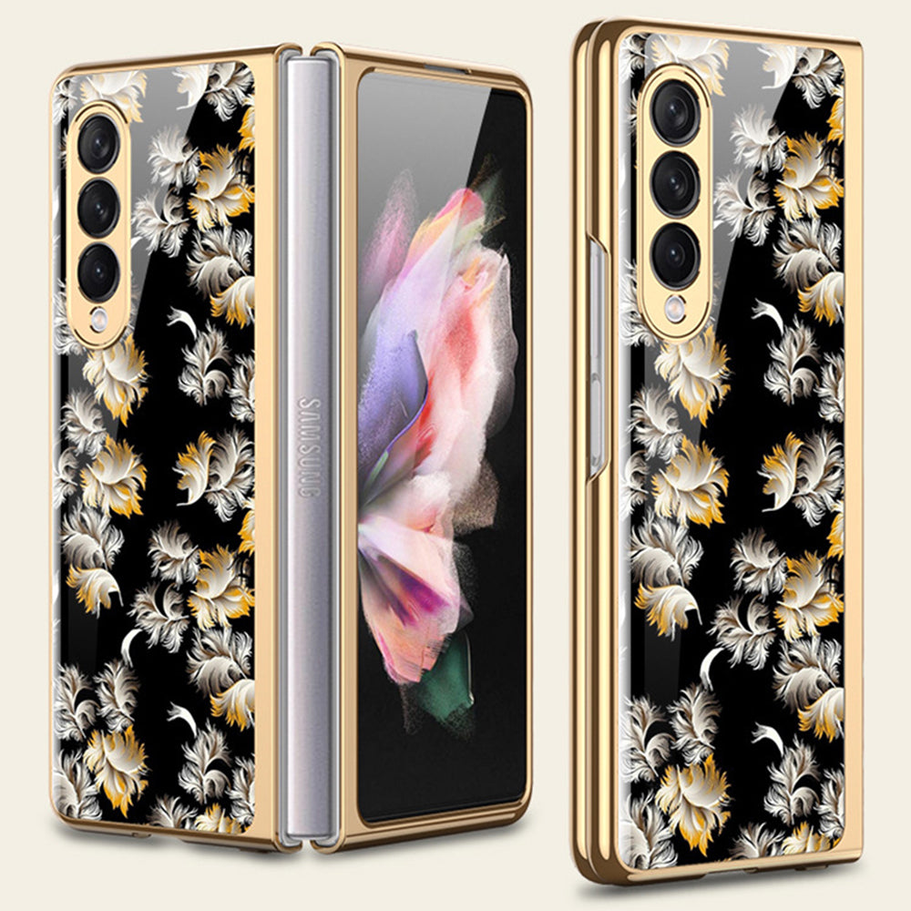 Flower Pattern Printing Electroplating Tempered Glass + PC Folding Phone Case Cover for Samsung Galaxy Z Fold3 5G
