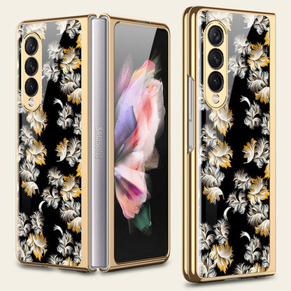 Flower Pattern Printing Electroplating Tempered Glass + PC Folding Phone Case Cover for Samsung Galaxy Z Fold3 5G