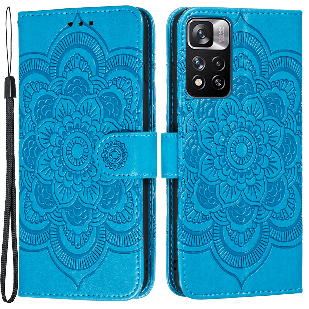 Imprinting Mandala Flower Flip PU Leather Case Stand Magnetic Closure Protective Phone Cover with Strap for Xiaomi Redmi Note 11 Pro 5G (China) (MediaTek)/Note 11 Pro+ 5G