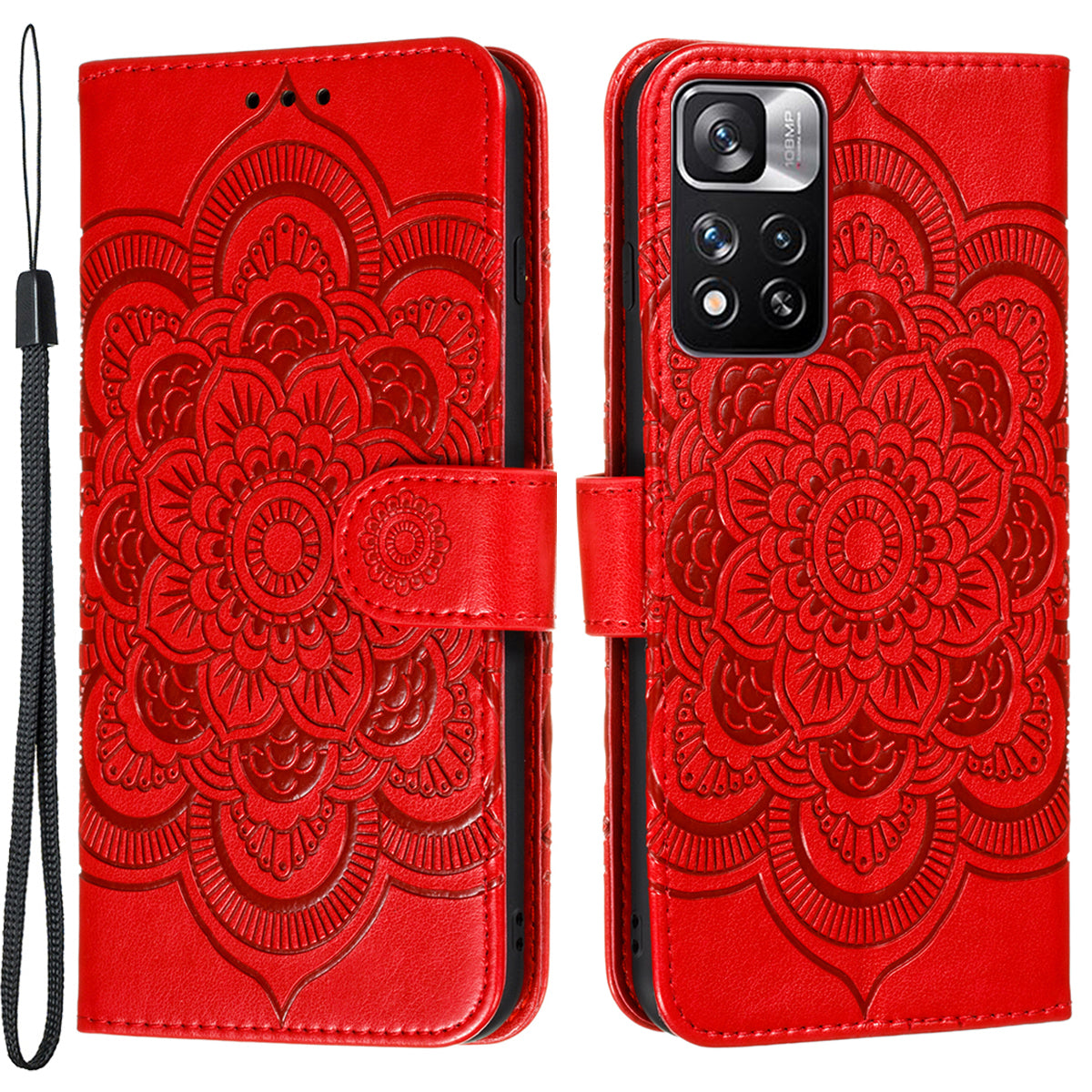 Imprinting Mandala Flower Flip PU Leather Case Stand Magnetic Closure Protective Phone Cover with Strap for Xiaomi Redmi Note 11 Pro 5G (China) (MediaTek)/Note 11 Pro+ 5G