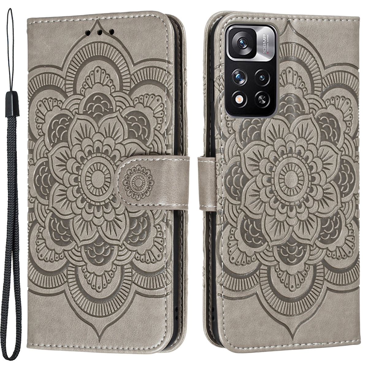 Imprinting Mandala Flower Flip PU Leather Case Stand Magnetic Closure Protective Phone Cover with Strap for Xiaomi Redmi Note 11 Pro 5G (China) (MediaTek)/Note 11 Pro+ 5G