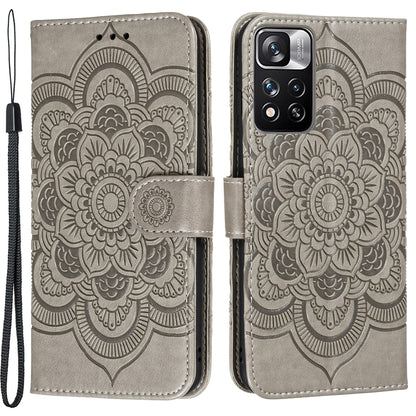 Imprinting Mandala Flower Flip PU Leather Case Stand Magnetic Closure Protective Phone Cover with Strap for Xiaomi Redmi Note 11 Pro 5G (China) (MediaTek)/Note 11 Pro+ 5G