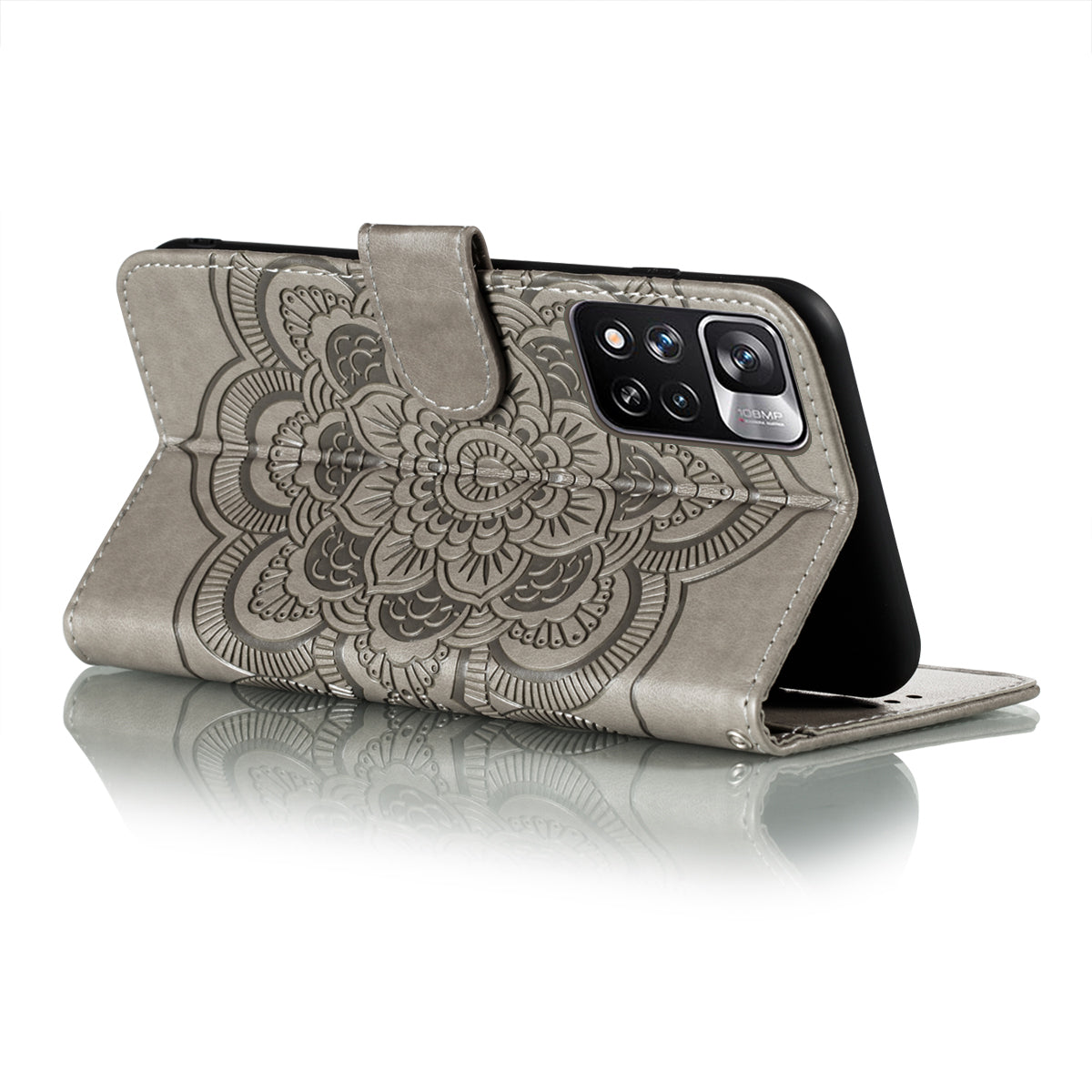 Imprinting Mandala Flower Flip PU Leather Case Stand Magnetic Closure Protective Phone Cover with Strap for Xiaomi Redmi Note 11 Pro 5G (China) (MediaTek)/Note 11 Pro+ 5G