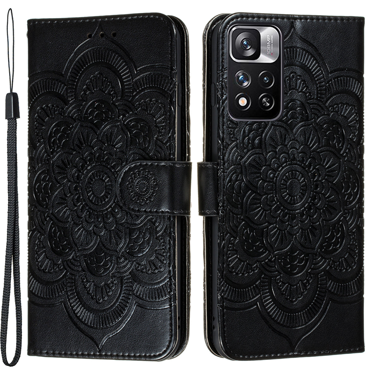 Imprinting Mandala Flower Flip PU Leather Case Stand Magnetic Closure Protective Phone Cover with Strap for Xiaomi Redmi Note 11 Pro 5G (China) (MediaTek)/Note 11 Pro+ 5G