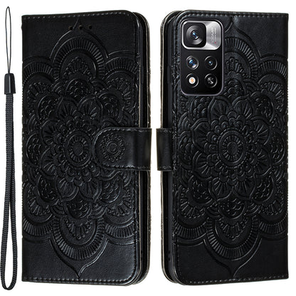 Imprinting Mandala Flower Flip PU Leather Case Stand Magnetic Closure Protective Phone Cover with Strap for Xiaomi Redmi Note 11 Pro 5G (China) (MediaTek)/Note 11 Pro+ 5G