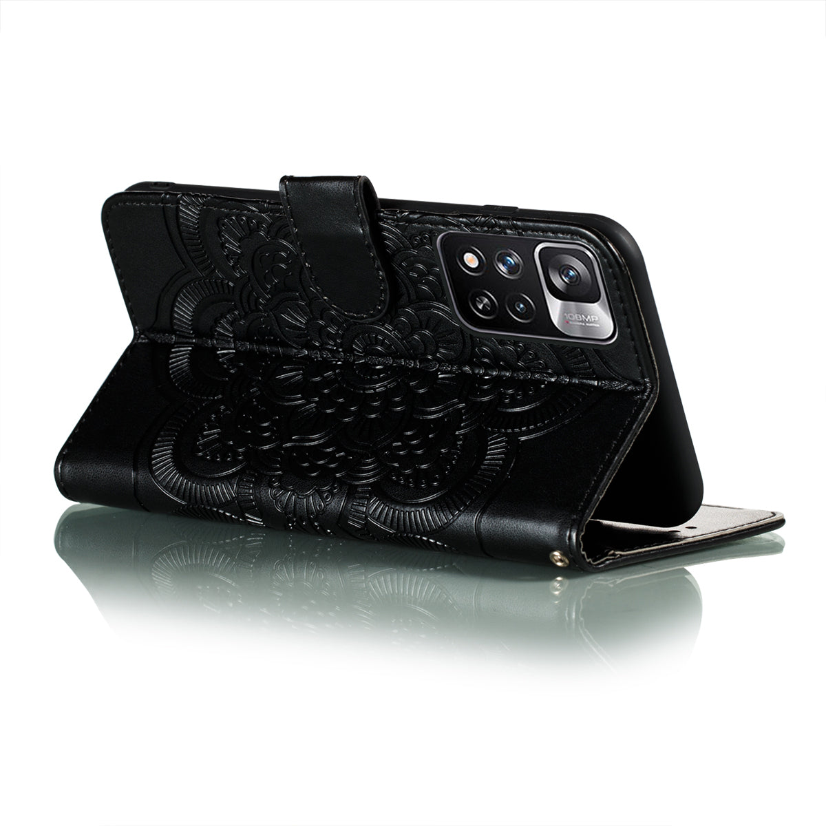 Imprinting Mandala Flower Flip PU Leather Case Stand Magnetic Closure Protective Phone Cover with Strap for Xiaomi Redmi Note 11 Pro 5G (China) (MediaTek)/Note 11 Pro+ 5G