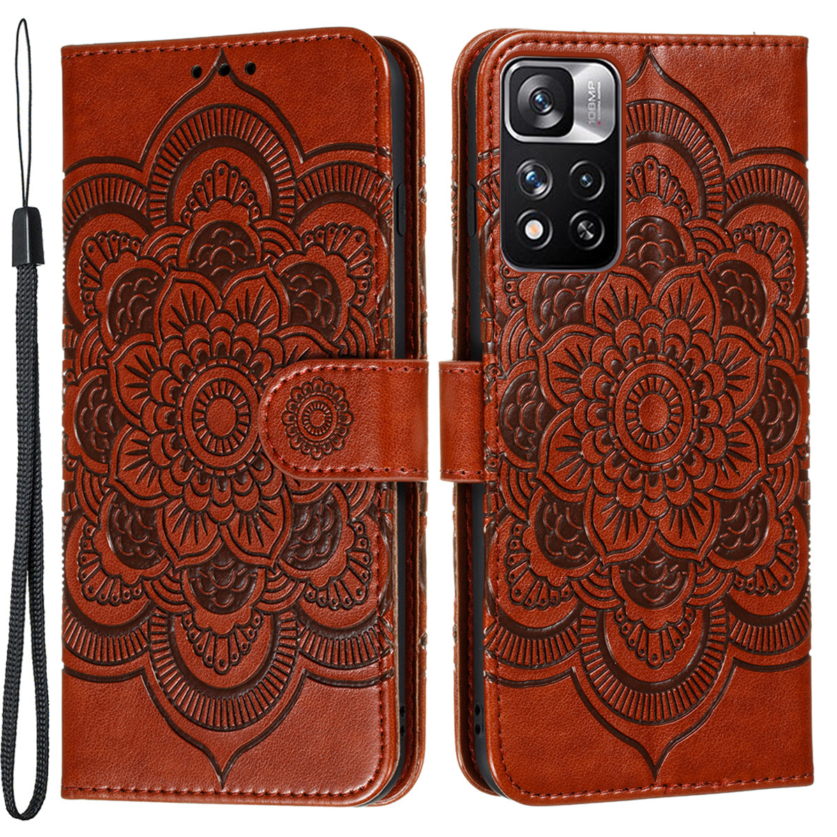 Imprinting Mandala Flower Flip PU Leather Case Stand Magnetic Closure Protective Phone Cover with Strap for Xiaomi Redmi Note 11 Pro 5G (China) (MediaTek)/Note 11 Pro+ 5G