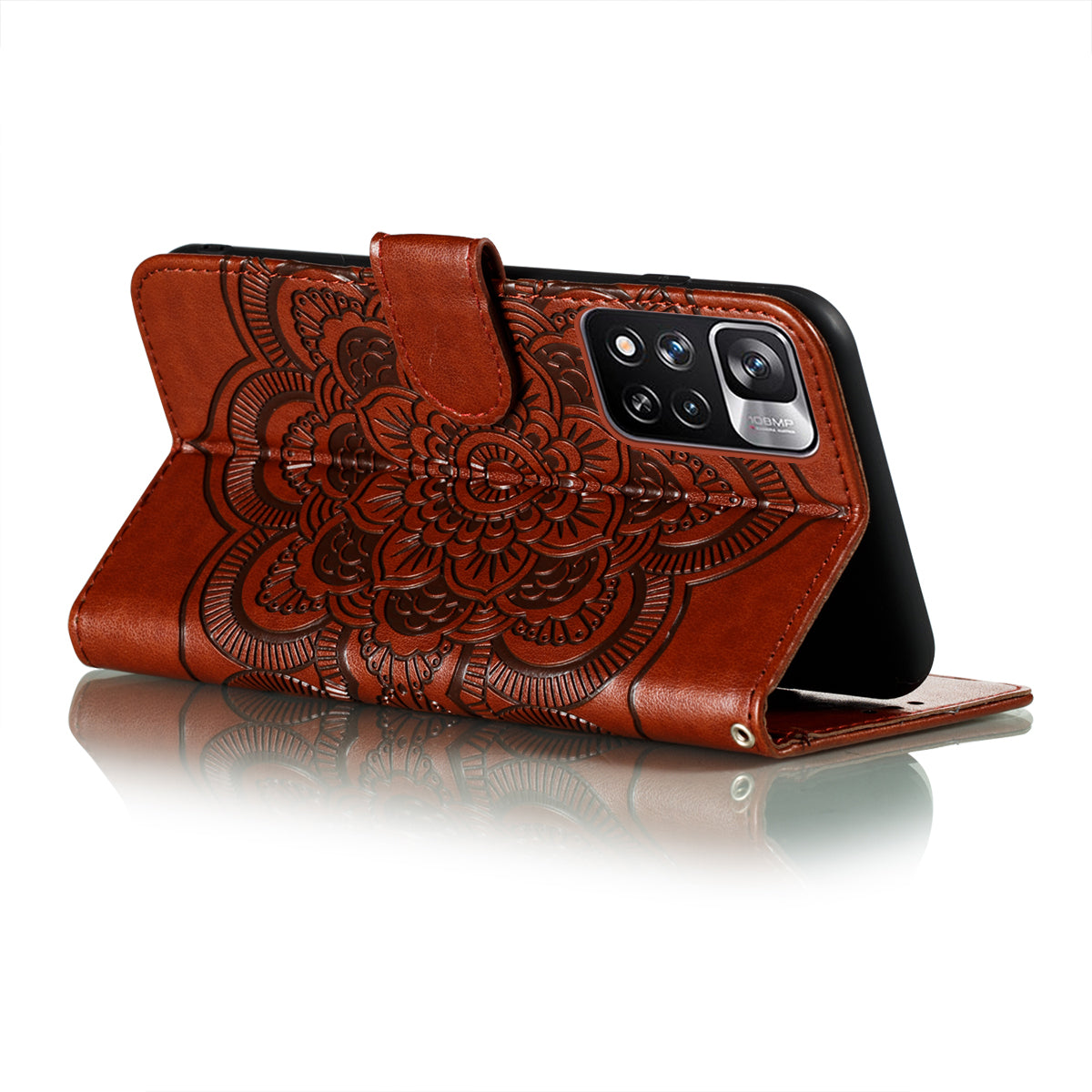 Imprinting Mandala Flower Flip PU Leather Case Stand Magnetic Closure Protective Phone Cover with Strap for Xiaomi Redmi Note 11 Pro 5G (China) (MediaTek)/Note 11 Pro+ 5G