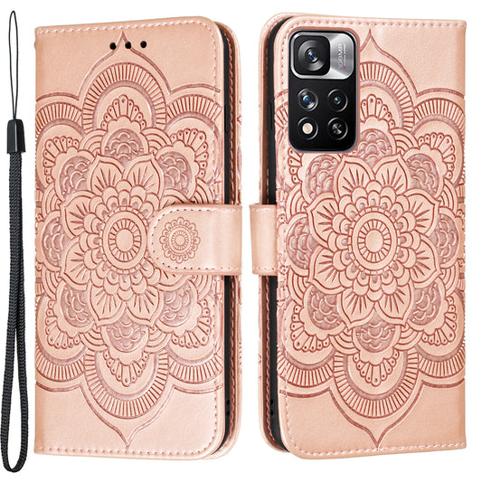 Imprinting Mandala Flower Flip PU Leather Case Stand Magnetic Closure Protective Phone Cover with Strap for Xiaomi Redmi Note 11 Pro 5G (China) (MediaTek)/Note 11 Pro+ 5G
