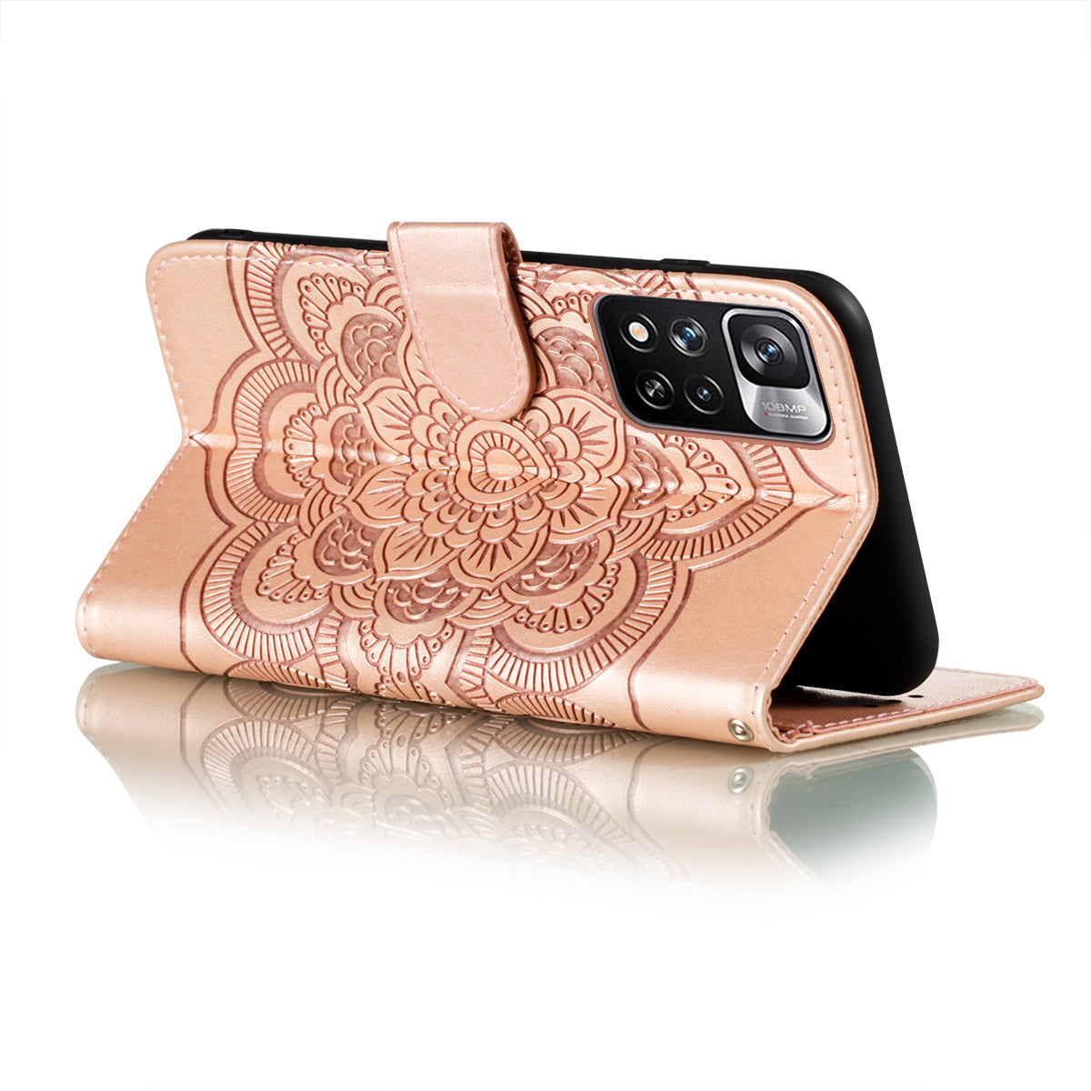 Imprinting Mandala Flower Flip PU Leather Case Stand Magnetic Closure Protective Phone Cover with Strap for Xiaomi Redmi Note 11 Pro 5G (China) (MediaTek)/Note 11 Pro+ 5G