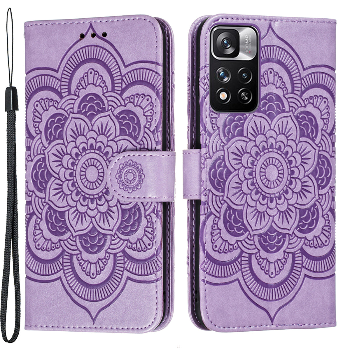 Imprinting Mandala Flower Flip PU Leather Case Stand Magnetic Closure Protective Phone Cover with Strap for Xiaomi Redmi Note 11 Pro 5G (China) (MediaTek)/Note 11 Pro+ 5G
