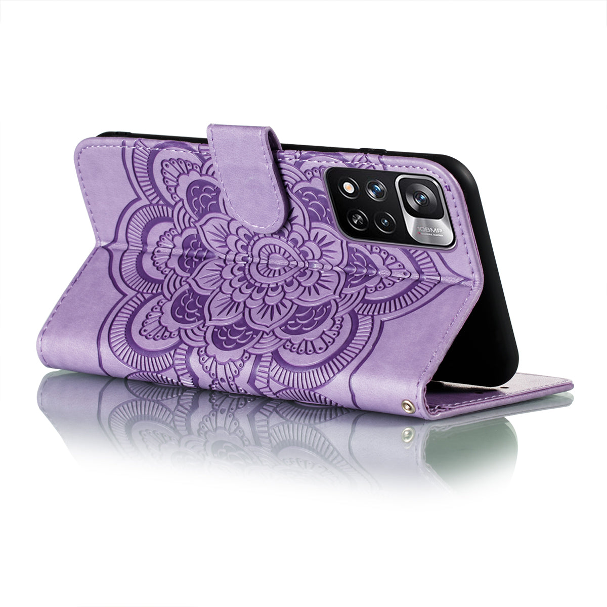 Imprinting Mandala Flower Flip PU Leather Case Stand Magnetic Closure Protective Phone Cover with Strap for Xiaomi Redmi Note 11 Pro 5G (China) (MediaTek)/Note 11 Pro+ 5G