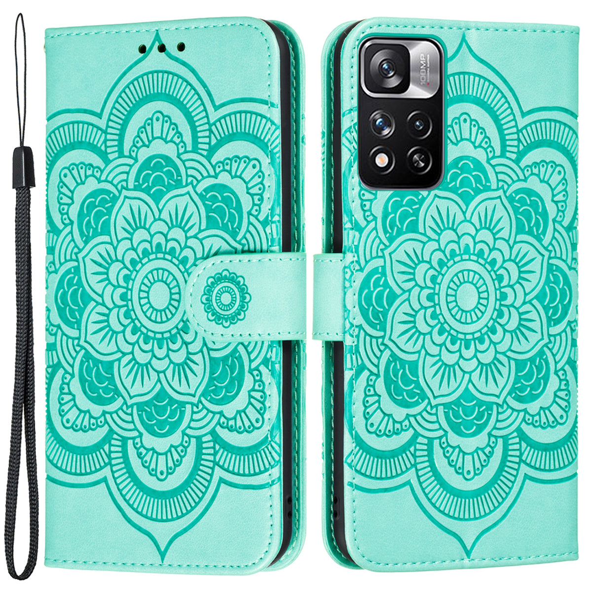 Imprinting Mandala Flower Flip PU Leather Case Stand Magnetic Closure Protective Phone Cover with Strap for Xiaomi Redmi Note 11 Pro 5G (China) (MediaTek)/Note 11 Pro+ 5G