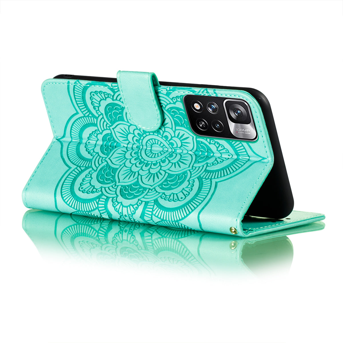 Imprinting Mandala Flower Flip PU Leather Case Stand Magnetic Closure Protective Phone Cover with Strap for Xiaomi Redmi Note 11 Pro 5G (China) (MediaTek)/Note 11 Pro+ 5G