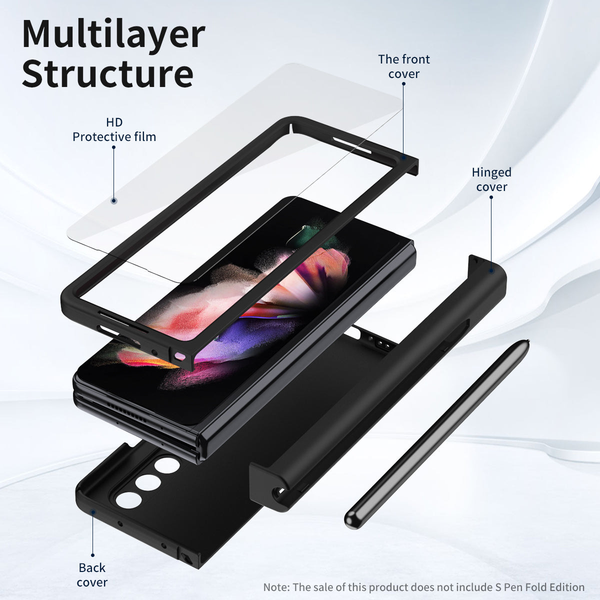 PU Leather Coated PC Hinged Cover Folio Flip Full Protection Phone Case with Pen Holder and Tempered Glass Screen Protector for Samsung Galaxy Z Fold3 5G