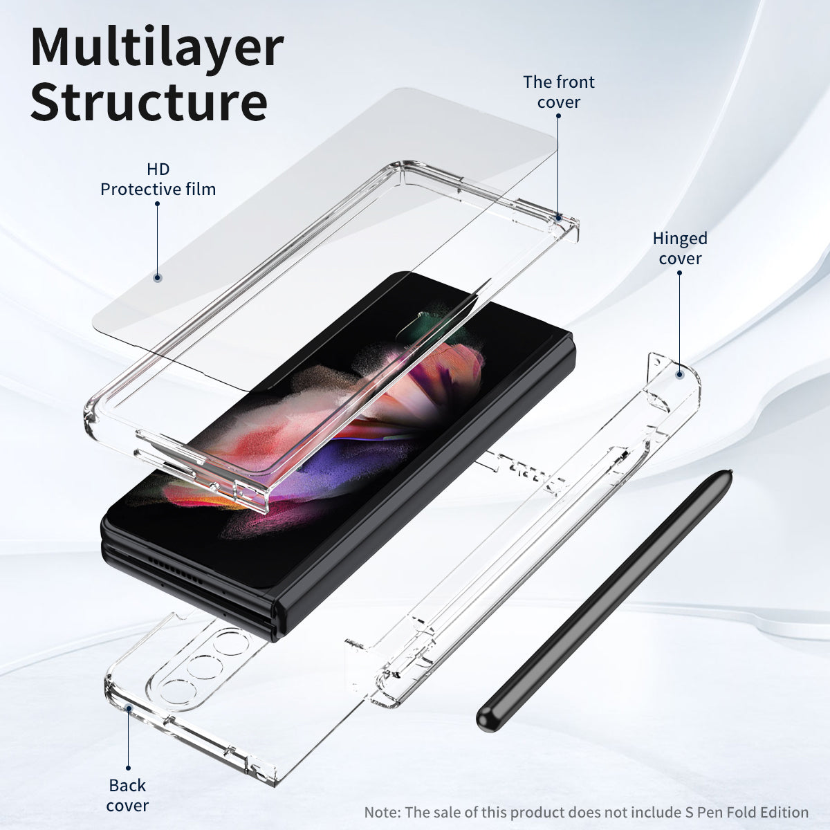 PU Leather Coated PC Hinged Cover Folio Flip Full Protection Phone Case with Pen Holder and Tempered Glass Screen Protector for Samsung Galaxy Z Fold3 5G