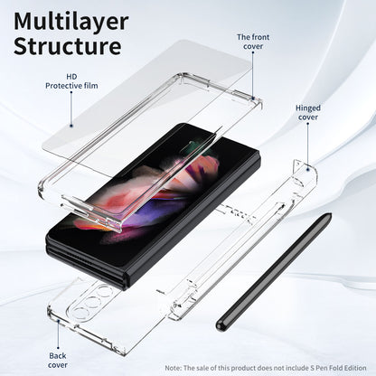 PU Leather Coated PC Hinged Cover Folio Flip Full Protection Phone Case with Pen Holder and Tempered Glass Screen Protector for Samsung Galaxy Z Fold3 5G