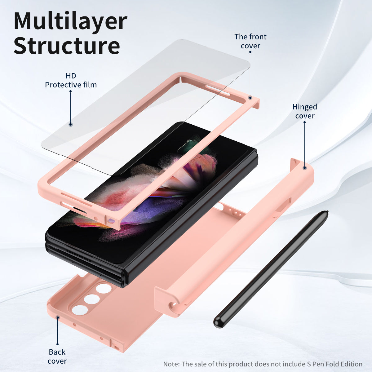 PU Leather Coated PC Hinged Cover Folio Flip Full Protection Phone Case with Pen Holder and Tempered Glass Screen Protector for Samsung Galaxy Z Fold3 5G