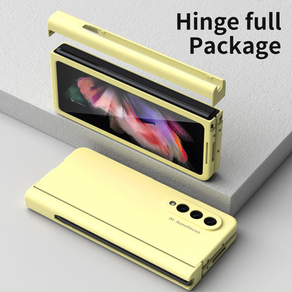 PU Leather Coated PC Hinged Cover Folio Flip Full Protection Phone Case with Pen Holder and Tempered Glass Screen Protector for Samsung Galaxy Z Fold3 5G