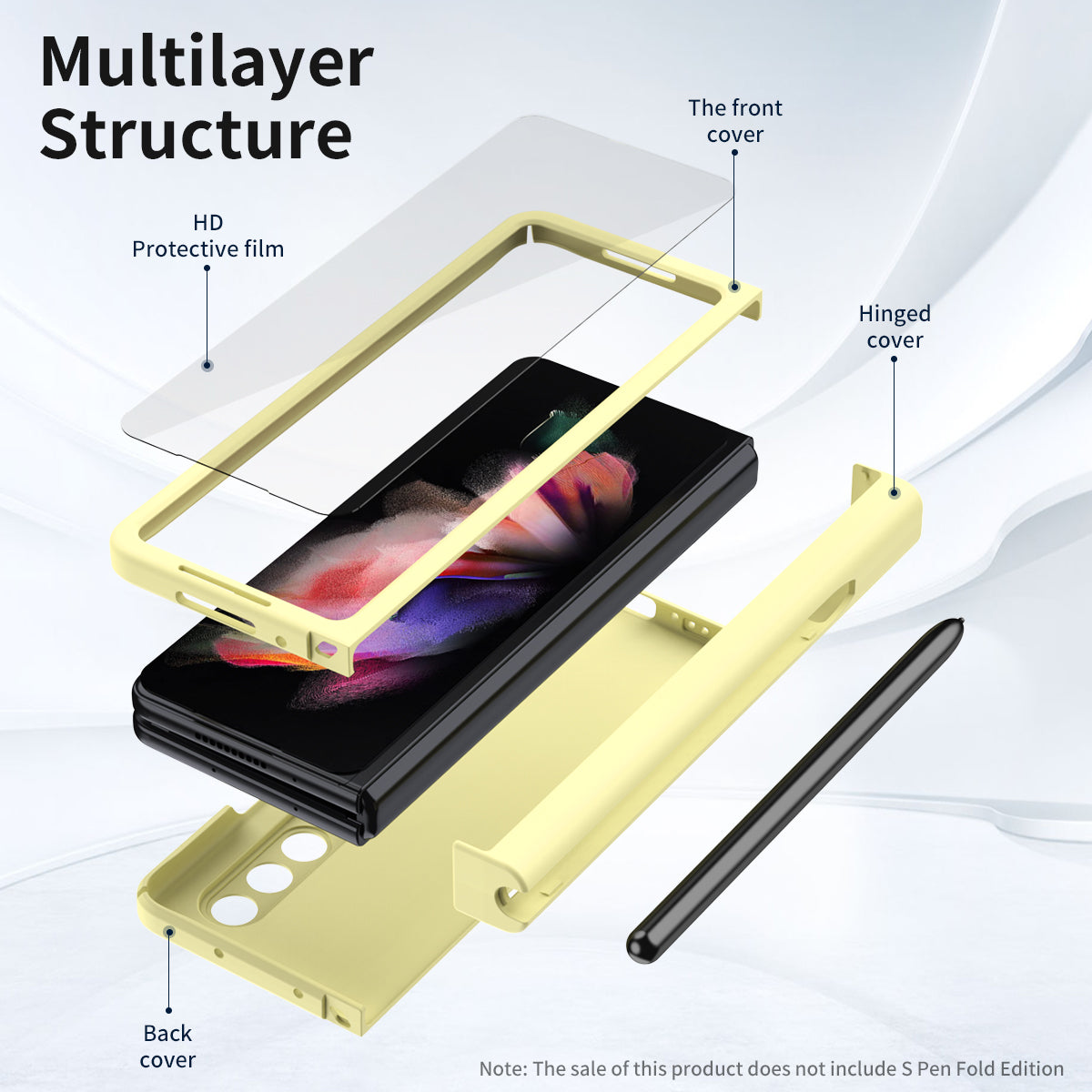 PU Leather Coated PC Hinged Cover Folio Flip Full Protection Phone Case with Pen Holder and Tempered Glass Screen Protector for Samsung Galaxy Z Fold3 5G