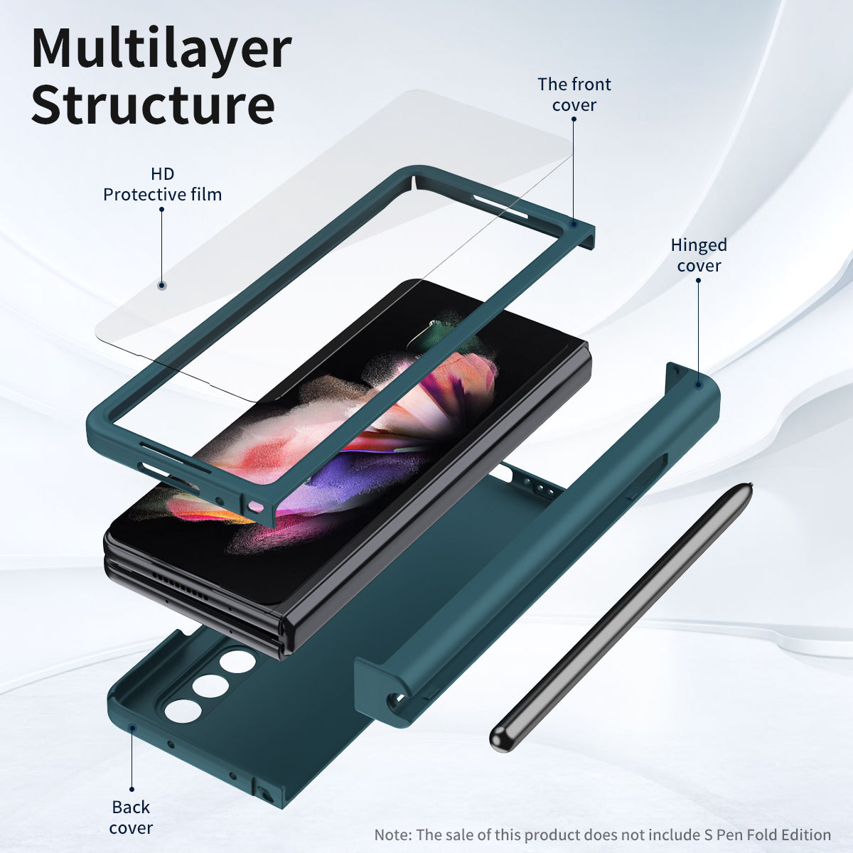 PU Leather Coated PC Hinged Cover Folio Flip Full Protection Phone Case with Pen Holder and Tempered Glass Screen Protector for Samsung Galaxy Z Fold3 5G