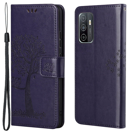 PU Leather Owl Tree Imprinted Wallet Flip Case Stand Magnetic Closure Folio Cover with Strap for Samsung Galaxy A53 5G