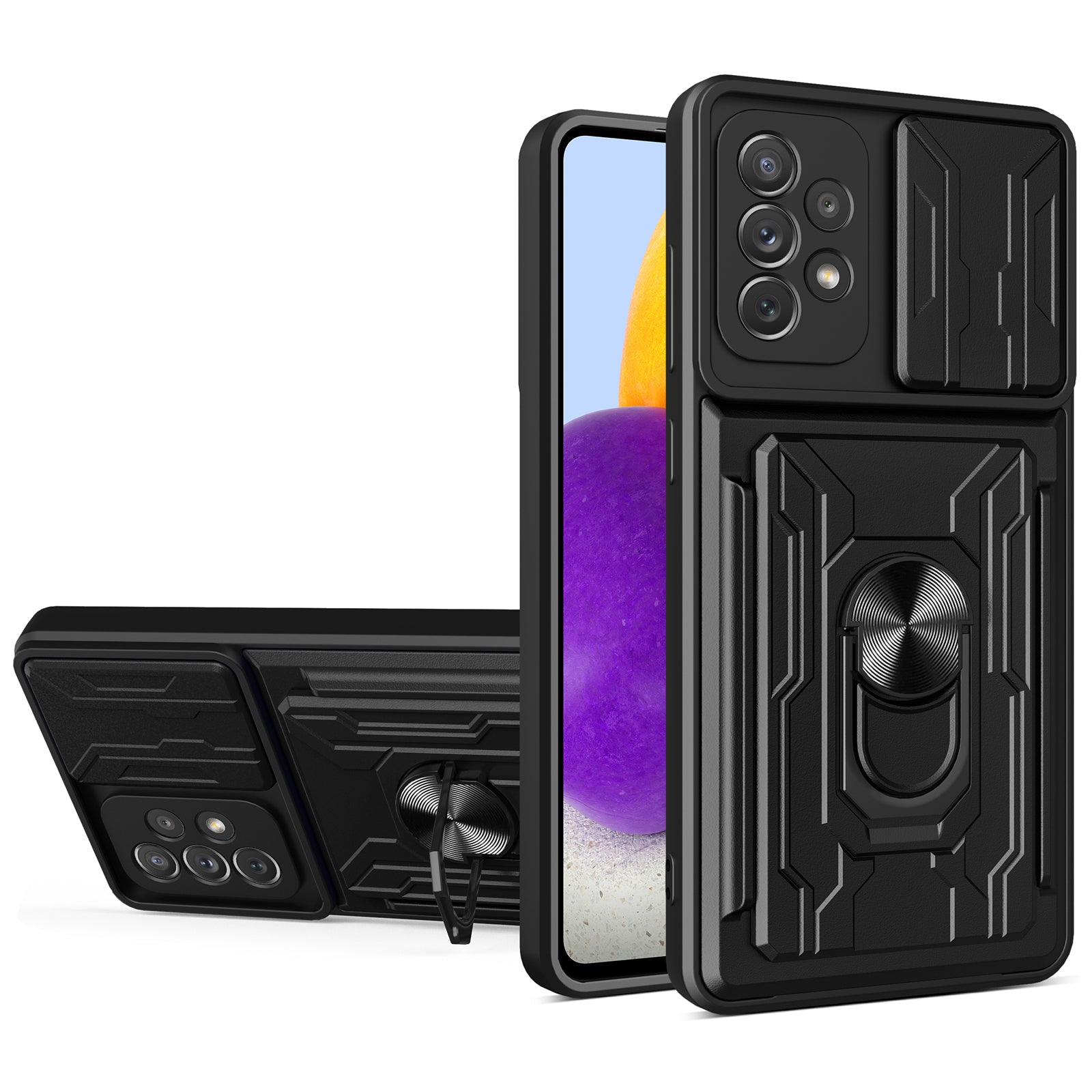 Detachable Pushing Card Holder Anti-fall PC + TPU Phone Cover Shell with Ring Kickstand and Camera Protector Slider for Samsung Galaxy A52 4G/5G/A52s 5G