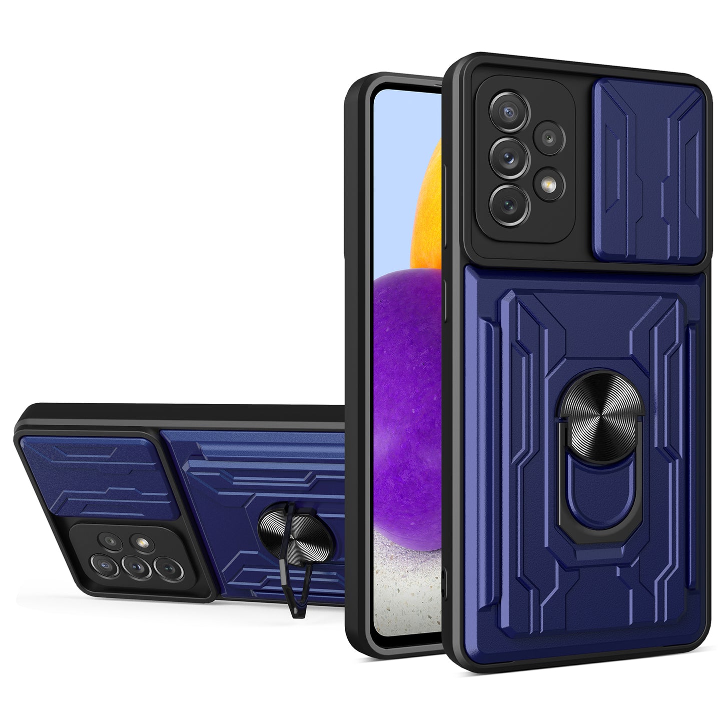 Detachable Pushing Card Holder Anti-fall PC + TPU Phone Cover Shell with Ring Kickstand and Camera Protector Slider for Samsung Galaxy A52 4G/5G/A52s 5G
