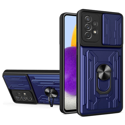 Detachable Pushing Card Holder Anti-fall PC + TPU Phone Cover Shell with Ring Kickstand and Camera Protector Slider for Samsung Galaxy A52 4G/5G/A52s 5G