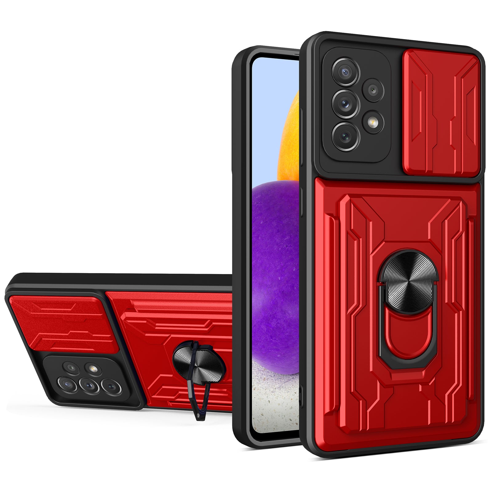 Detachable Pushing Card Holder Anti-fall PC + TPU Phone Cover Shell with Ring Kickstand and Camera Protector Slider for Samsung Galaxy A52 4G/5G/A52s 5G