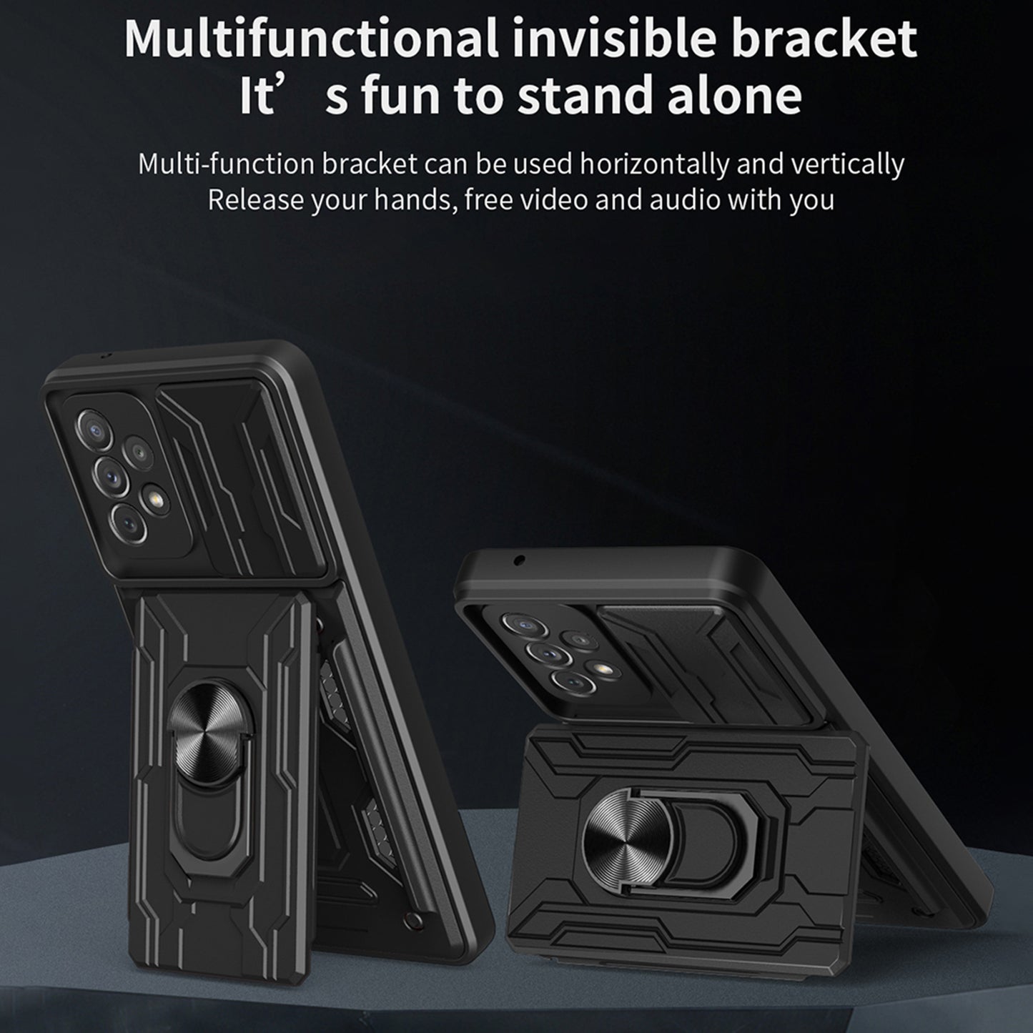 Detachable Pushing Card Holder Anti-fall PC + TPU Phone Cover Shell with Ring Kickstand and Camera Protector Slider for Samsung Galaxy A52 4G/5G/A52s 5G