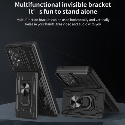 Detachable Pushing Card Holder Anti-fall PC + TPU Phone Cover Shell with Ring Kickstand and Camera Protector Slider for Samsung Galaxy A52 4G/5G/A52s 5G