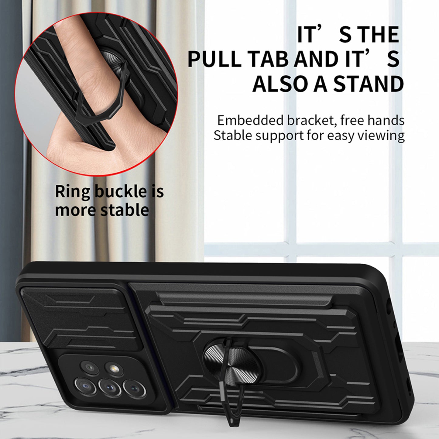 Detachable Pushing Card Holder Anti-fall PC + TPU Phone Cover Shell with Ring Kickstand and Camera Protector Slider for Samsung Galaxy A52 4G/5G/A52s 5G