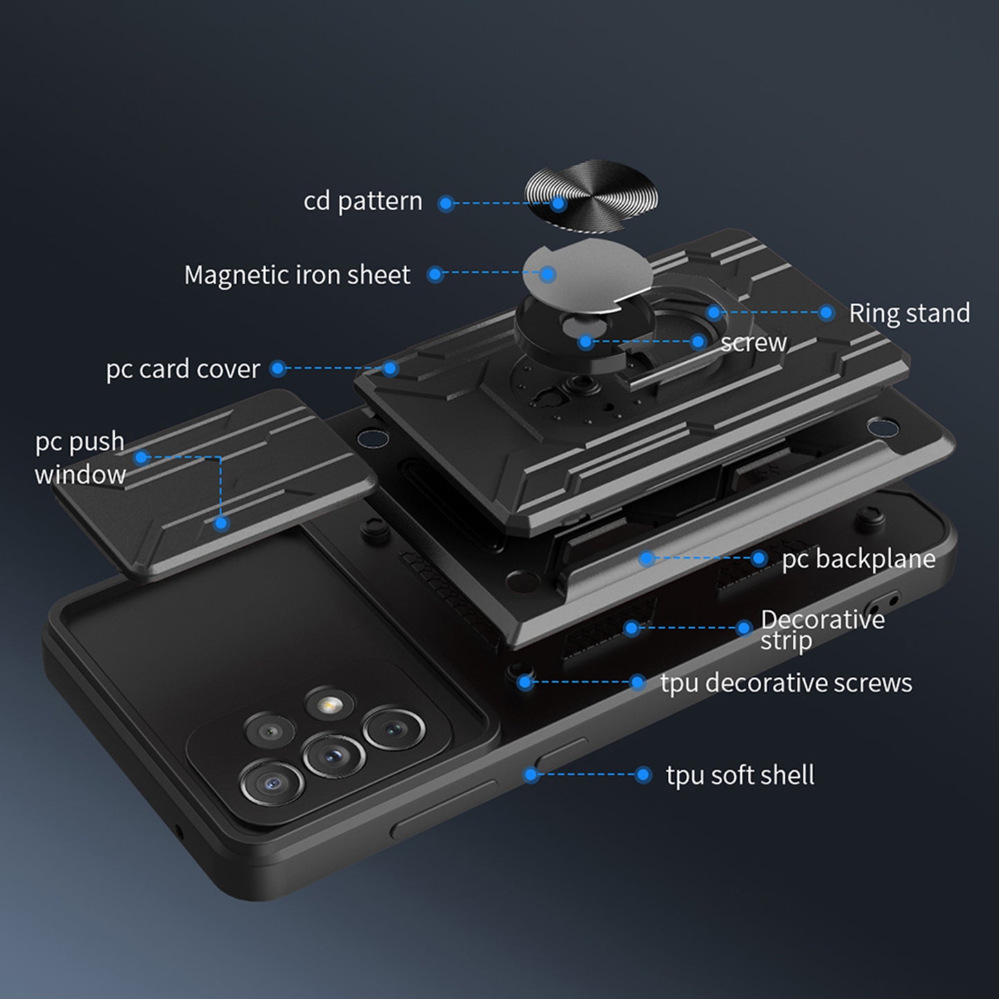 Detachable Pushing Card Holder Anti-fall PC + TPU Phone Cover Shell with Ring Kickstand and Camera Protector Slider for Samsung Galaxy A52 4G/5G/A52s 5G