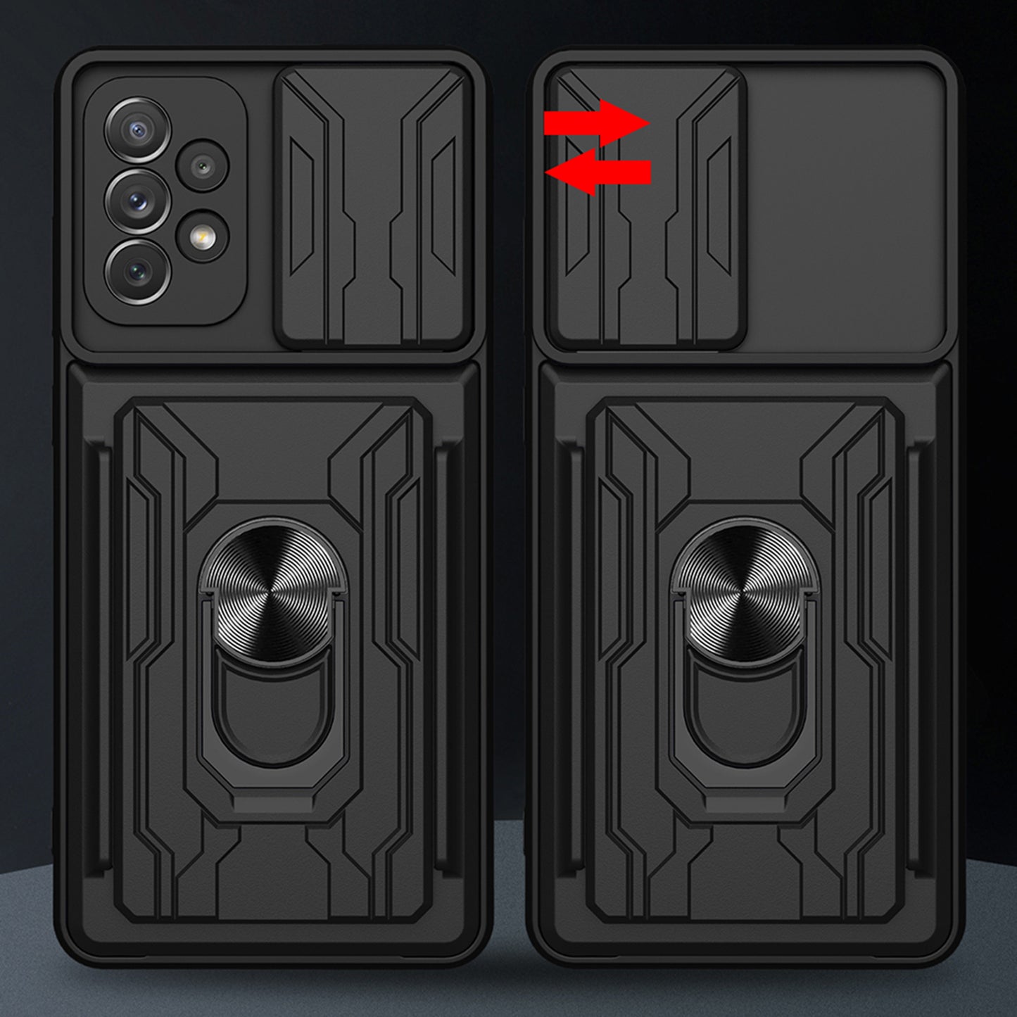 Detachable Pushing Card Holder Anti-fall PC + TPU Phone Cover Shell with Ring Kickstand and Camera Protector Slider for Samsung Galaxy A52 4G/5G/A52s 5G