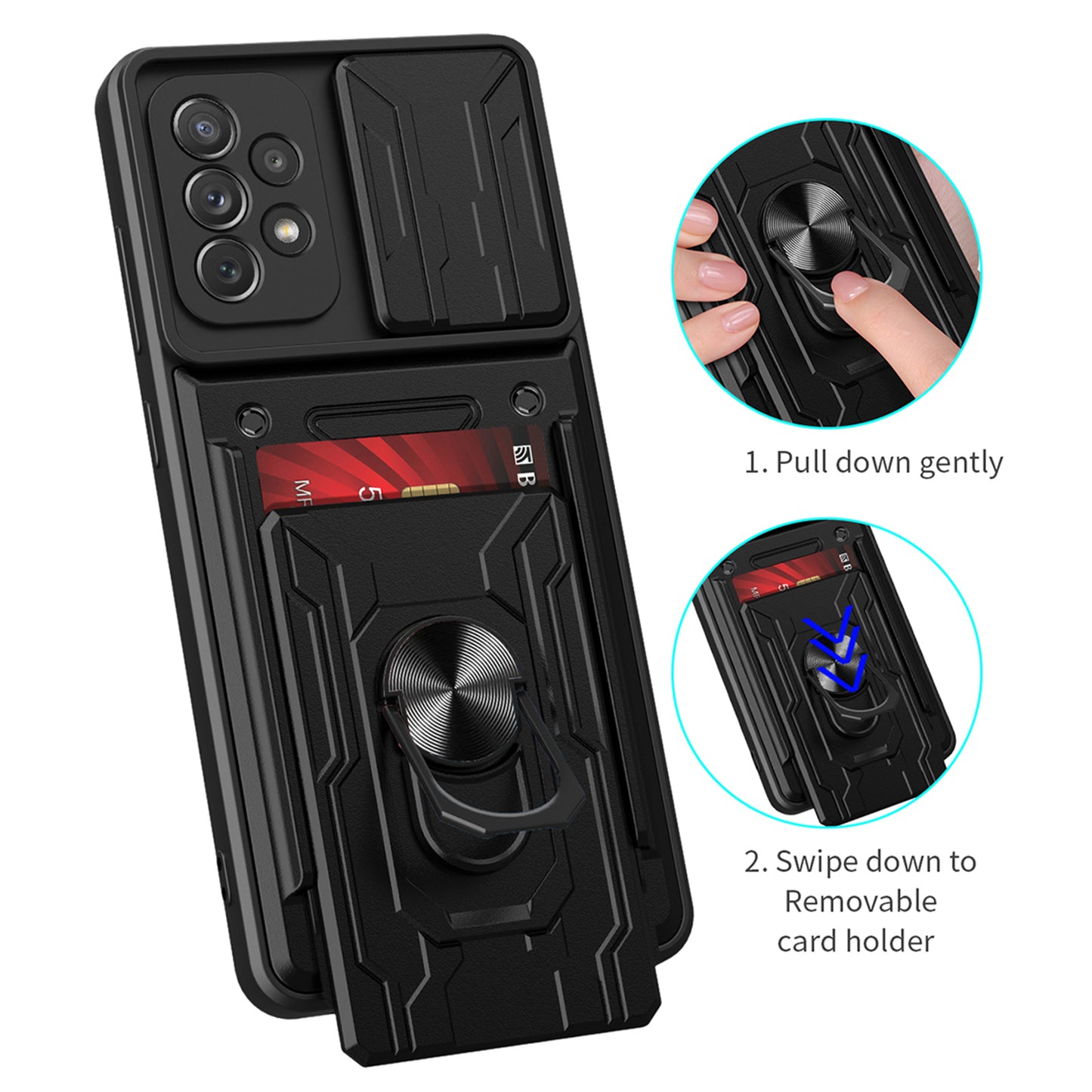 Detachable Pushing Card Holder Anti-fall PC + TPU Phone Cover Shell with Ring Kickstand and Camera Protector Slider for Samsung Galaxy A52 4G/5G/A52s 5G
