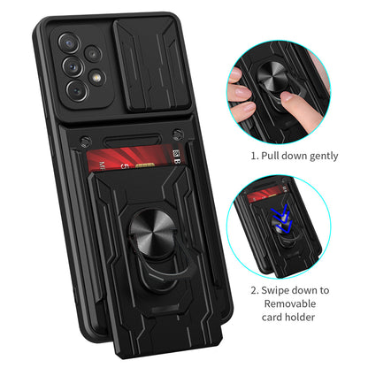 Detachable Pushing Card Holder Anti-fall PC + TPU Phone Cover Shell with Ring Kickstand and Camera Protector Slider for Samsung Galaxy A52 4G/5G/A52s 5G
