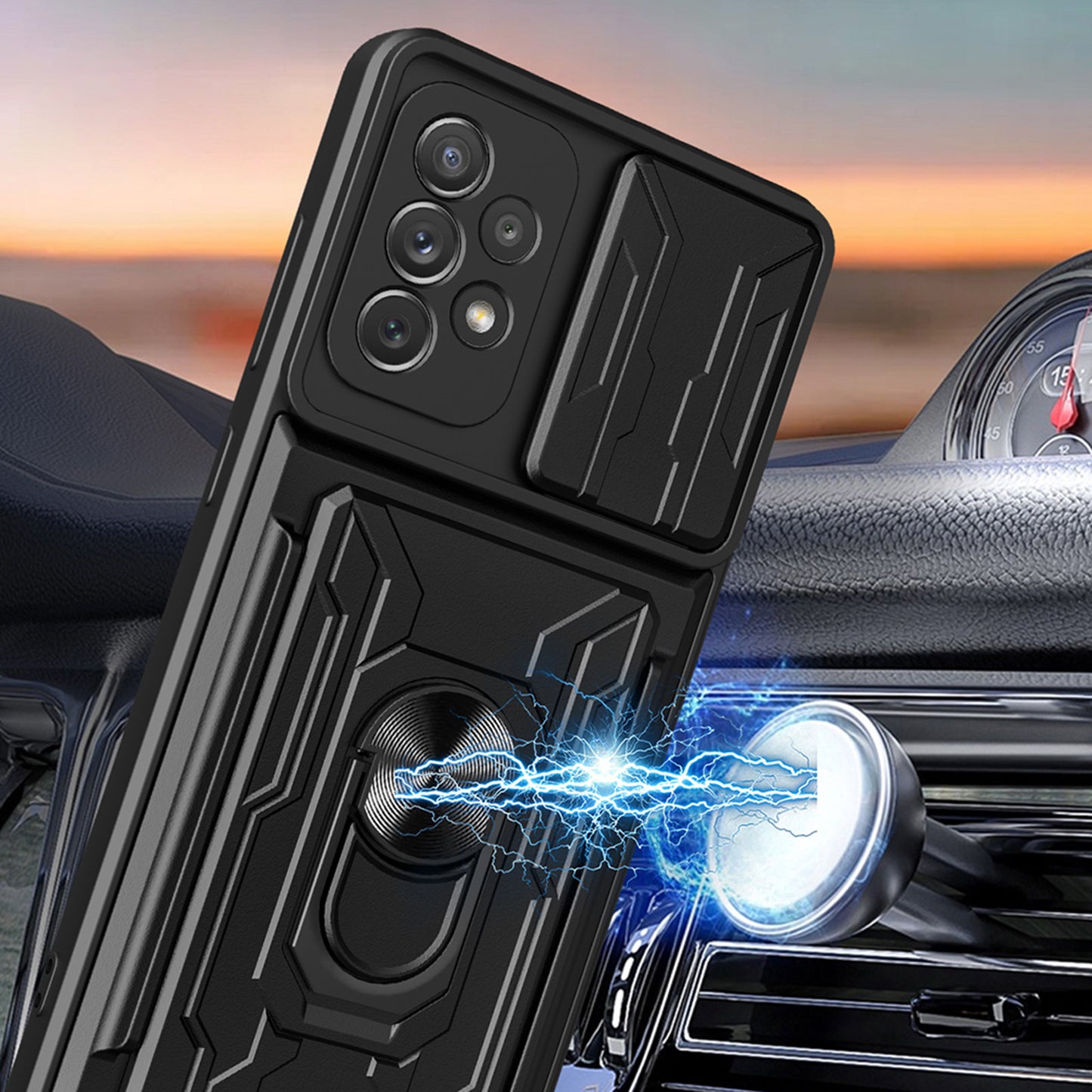 Detachable Pushing Card Holder Anti-fall PC + TPU Phone Cover Shell with Ring Kickstand and Camera Protector Slider for Samsung Galaxy A52 4G/5G/A52s 5G